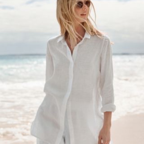 Garnet Hill Women's Easy Linen Tunic in White with Navy Stripes - Picture 1 of 5